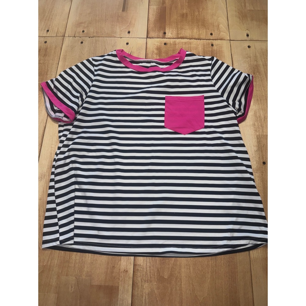 Shein Women's Black White Stripe Pink Pocket T Shirt